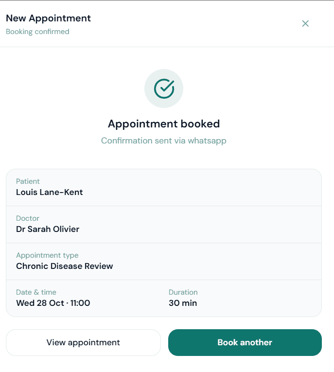 Booking confirmation showing patient, doctor, appointment type, date and time