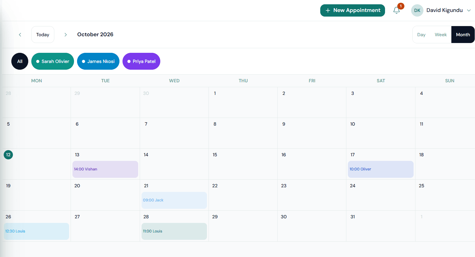 Month calendar view with appointments colour-coded by doctor