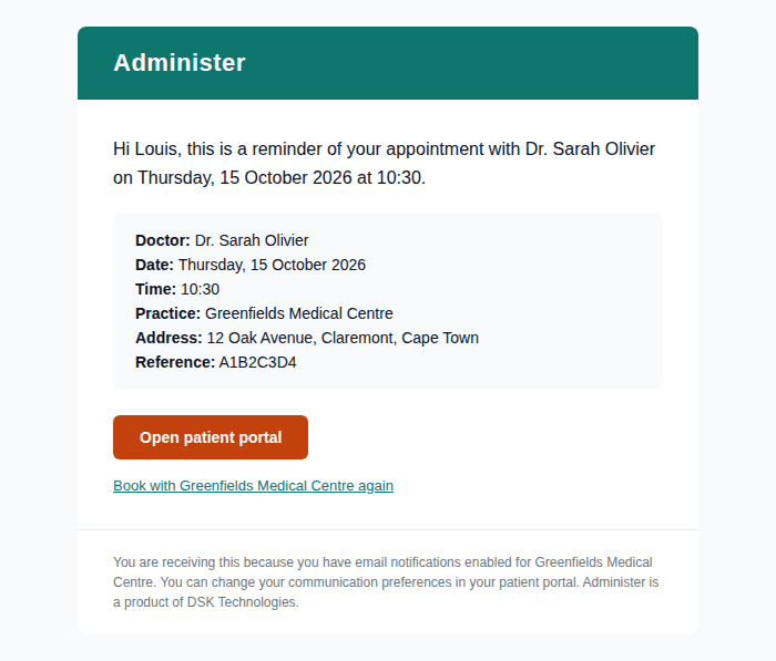 Email reminder with appointment details and a patient portal link